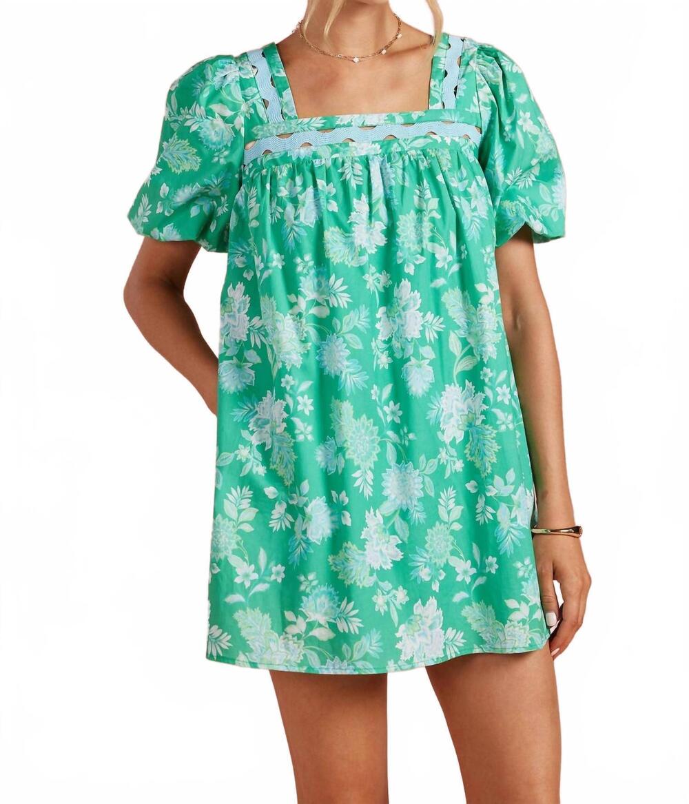 NEW STRUT & BOLT botanical garden ric-rac puff sleeve mini dress in green